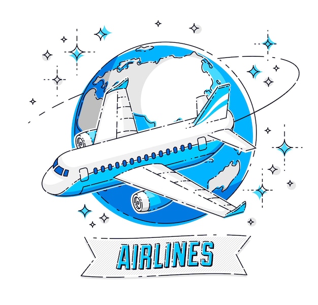 Airlines air travel emblem or illustration with plane airliner, planet earth and ribbon with typing. beautiful thin line vector isolated over white background.