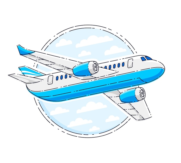 飛行機の旅客機と丸い形の航空会社の空の旅のエンブレムやイラスト。白い背景の上に分離された美しい細い線ベクトル。