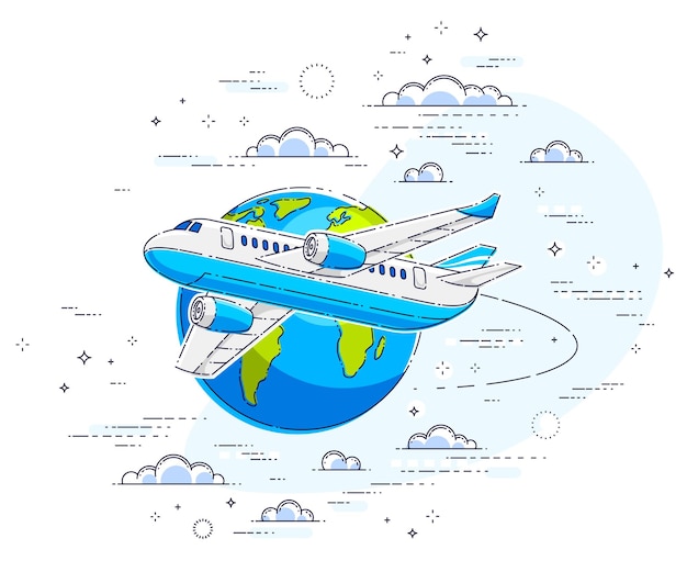 飛行機の旅客機と雲に囲まれた空の惑星地球との航空会社の空の旅のイラスト。白い背景の上に分離された美しい細い線ベクトル。