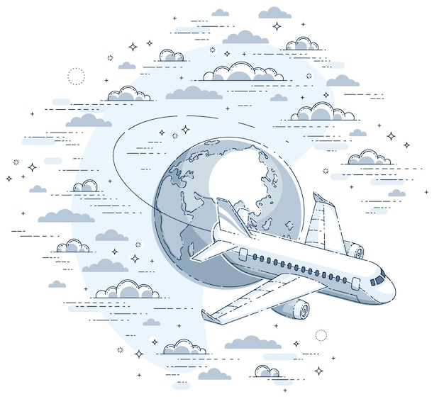 Vettore illustrazione del viaggio aereo delle compagnie aeree con aereo di linea e pianeta terra nel cielo circondato da nuvole. bella linea sottile vettore isolato su sfondo bianco.