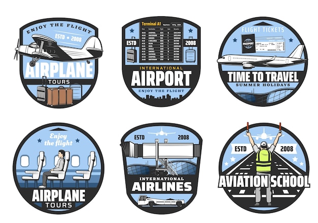 Vector airlines and airport flights aviation icons