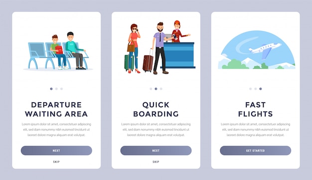 Vector airlines onboarding mobile app screens set