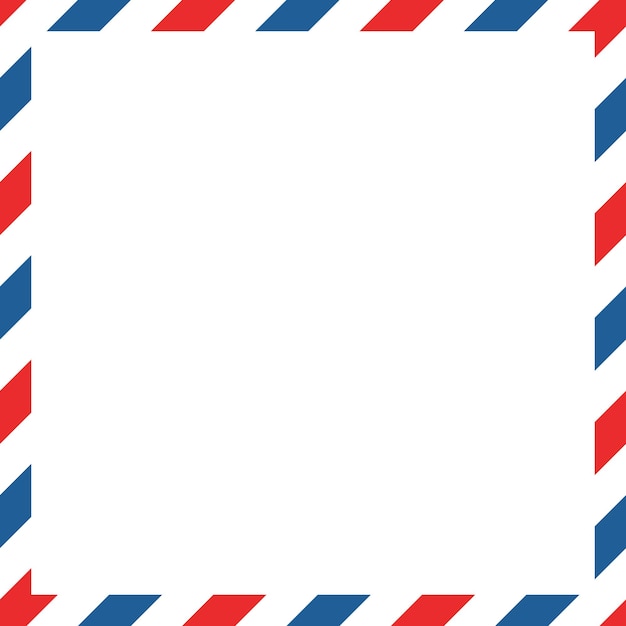 航空便の白い背景に青赤のストライプの正方形の封筒フレーム国際ヴィンテージ文字枠レトロな航空便はがき白紙の封筒白い背景で隔離のベクトル図