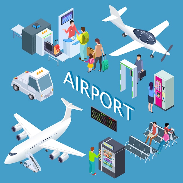 airoport isometric set with waiting area, snack bar, check-in desk, arplanes  illustration