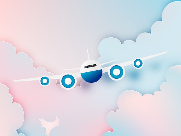 Airplane aerial view paper art with beautiful background