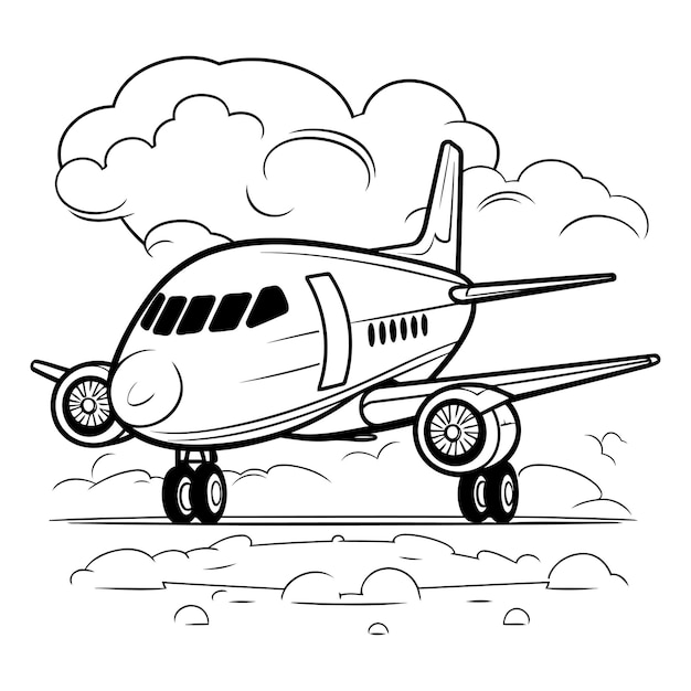 Vector airplane on the background of clouds black and white vector illustration