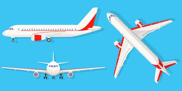 別の視点で青い背景に飛行機。上面、側面、正面から見た旅客機。フラットスタイル