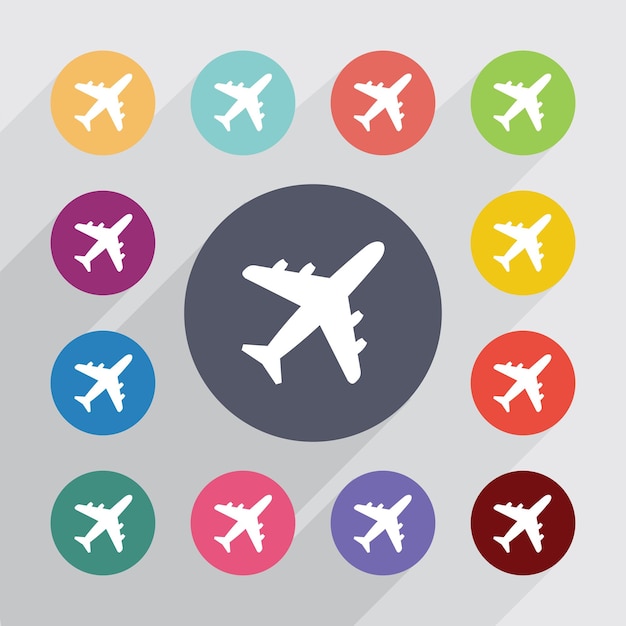 Airplane circle, flat icons set. Round colourful buttons. Vector
