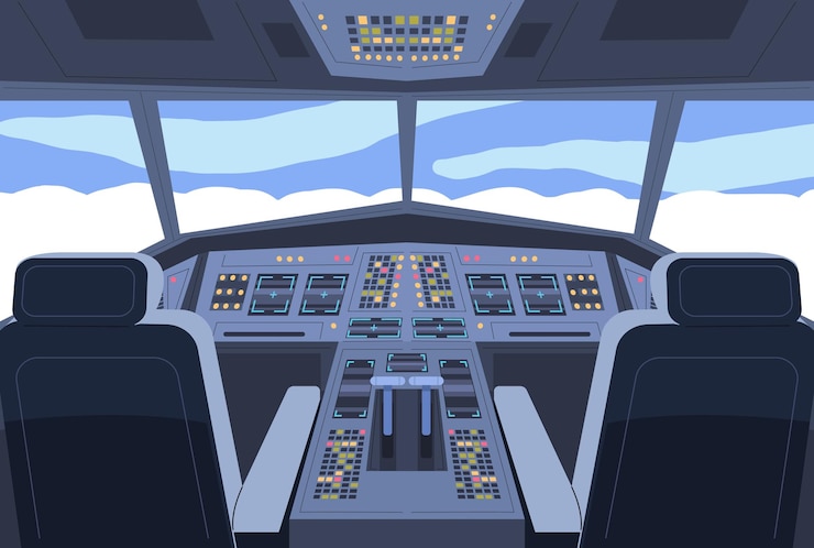 Vector airplane cockpit interior aircraft pilot cabin inside views aeroplane jet flight deck captain chair dashboard radar computer system control steering joystick vector illustration