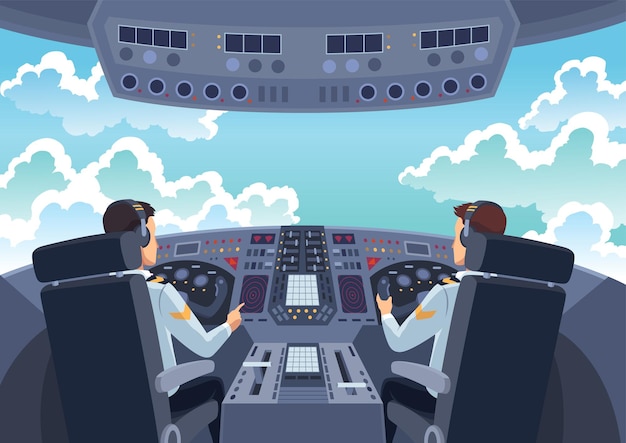 Airplane cockpit pilots Back view of cabin crew flying airplane Pilot and copilot inside cockpit during flight Vector cartoon illustration