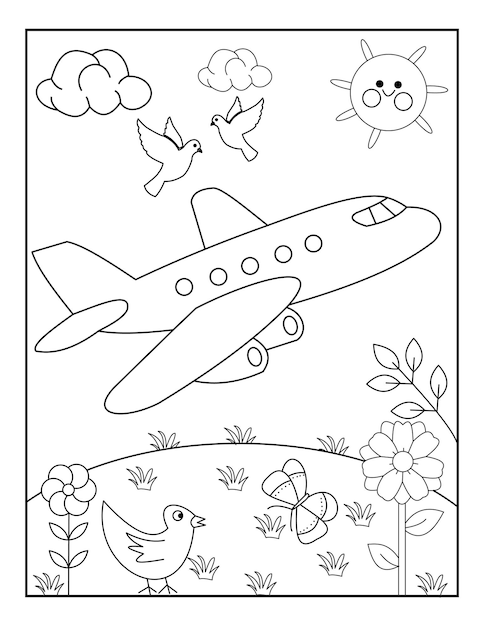 아이 유아 벡터를 위한 비행기 색칠 공부 페이지