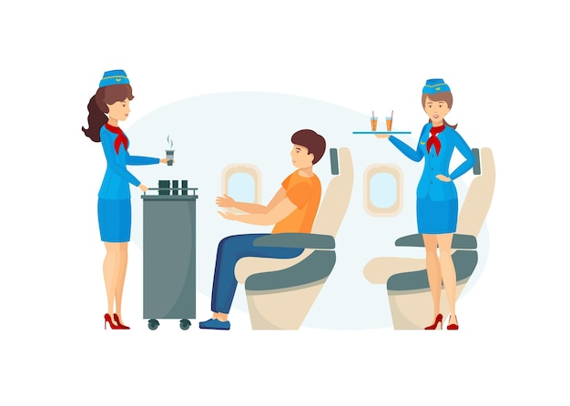 Vector airplane crew and airplane passengers stewardess giving hot drink to a young man sitting