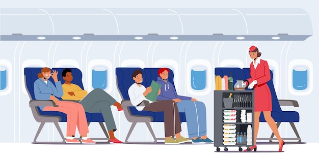 Vector airplane crew and passengers in plane stewardess with trolley serving people sitting on chairs in economy class