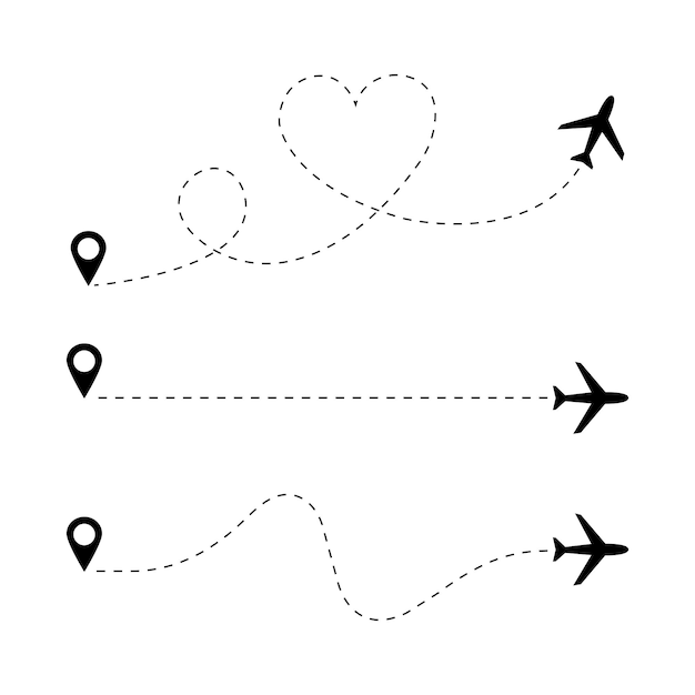 Airplane doted line path set. Travel concept. Vector EPS 10