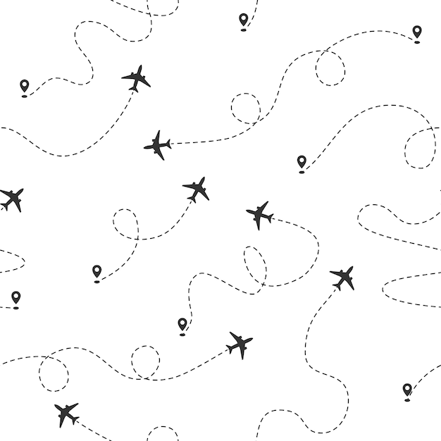 Airplane dotted flight line seamless pattern