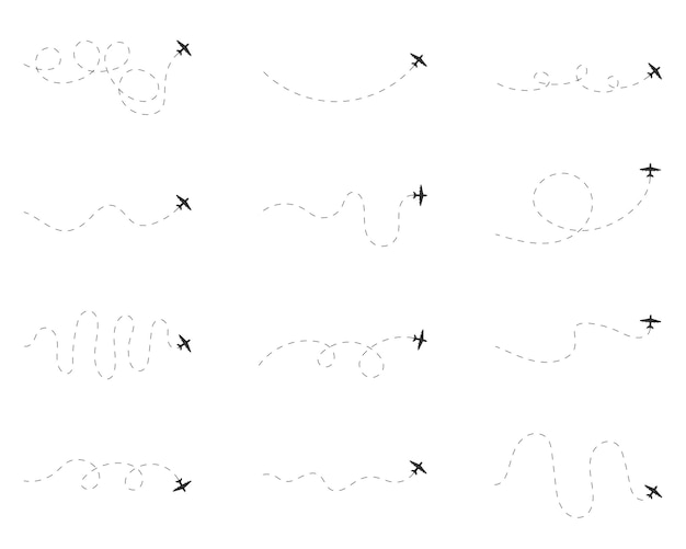 Airplane dotted route line set Air plane flight route Vector illustration