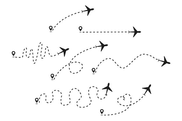 Vector airplane dotted route line the way airplane airplane routes with start point and dash line trace of line path of air plane flight planes travel map pins location pins vector illustration