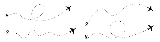 飛行機の点線のルートは飛行機の道に沿っています。設定。開始点からパスに沿って破線で飛行-株式ベクトル。