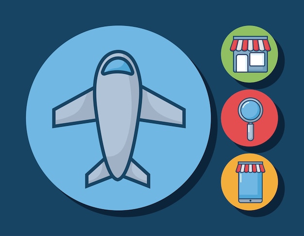 Значки самолетов и экспресс доставки, связанных с кругами и синим фоном