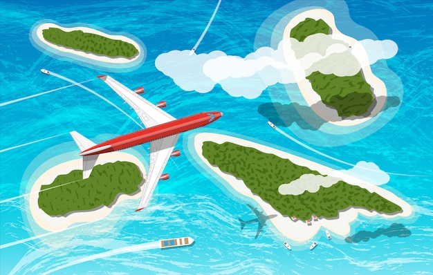 Vector airplane flies above few tropical islands