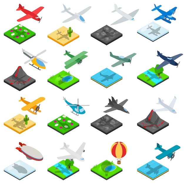 Airplane flight icons set, isometric style