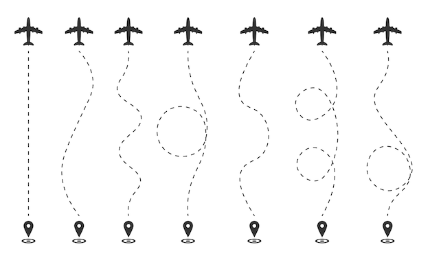 白い背景の上の飛行機のフライトプラン。破線の航空機のルート、gps。フライトの出発点、観光パス。破線の旅行者の痕跡。イラスト、。