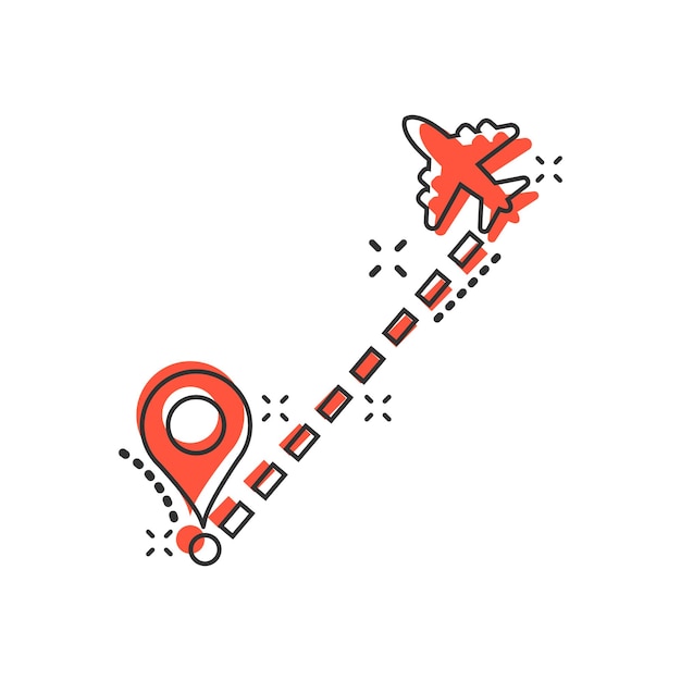 Airplane flight route icon in comic style Travel line path vector cartoon illustration on white isolated background Dash line trace business concept splash effect