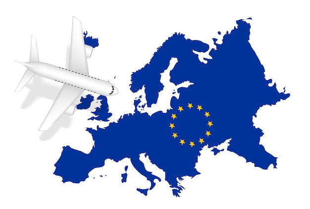 Airplane flight travel to europe on europe map
