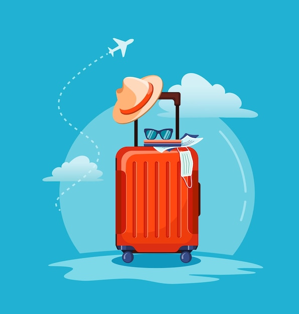 Самолет летит над туристами, багажом, чемоданом, паспортом, билетами, медицинской маской и солнцезащитными очками