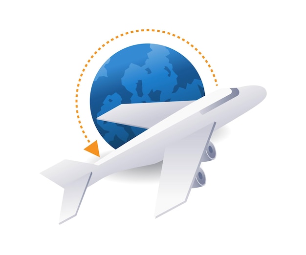 Airplane flying around the earth flat isometric 3d illustration