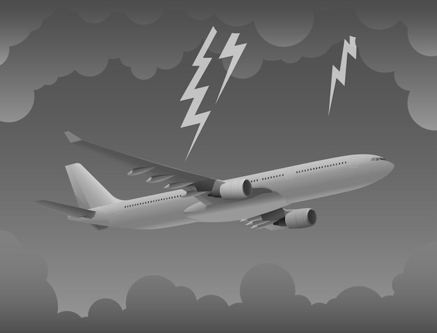 曇り空と雷を打つ間を飛んでいる飛行機