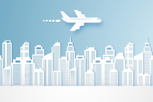 Airplane flying above buildings, cityscape, paper art style