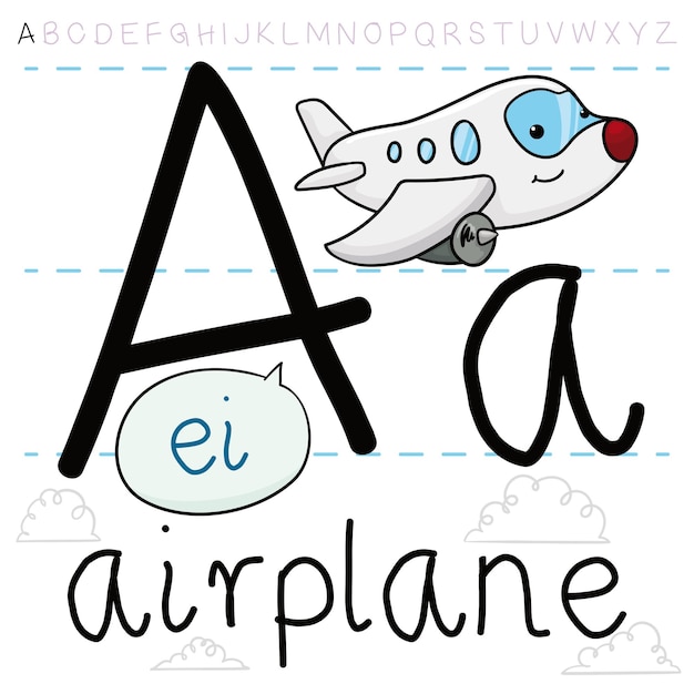 Vector airplane flying on clouds learning the letter a of alphabet and practicing its english pronunciation