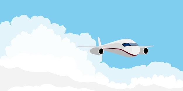 Самолет летит в голубом небе с вектором облаков