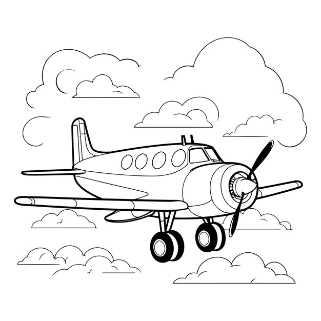 벡터 구름 속에서 날아다니는 비행기 아이콘 만화 터 일러스트레이션 흑백 그래픽 디자인