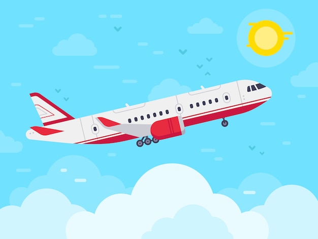 Airplane flying in sky, Jet plane fly in clouds, airplanes travel and vacation aircraft flat