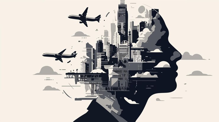 Vector airplane flying above skyscraper illustration