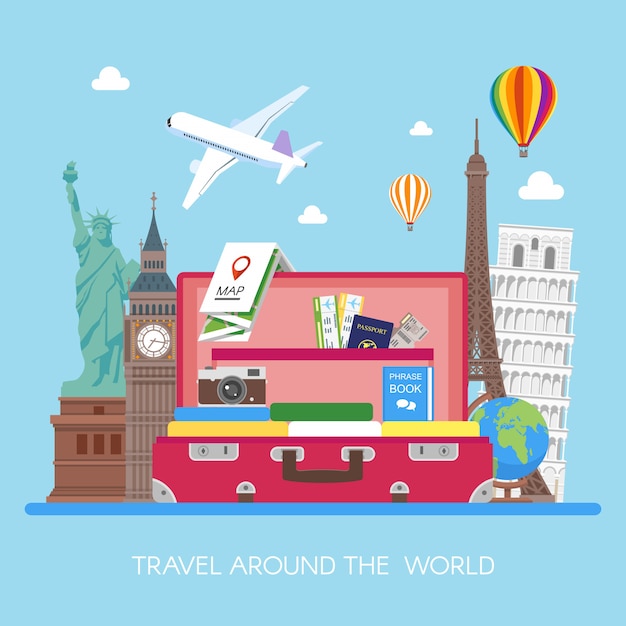 Premium Vector | Airplane flying above tourists luggage, map, passport ...