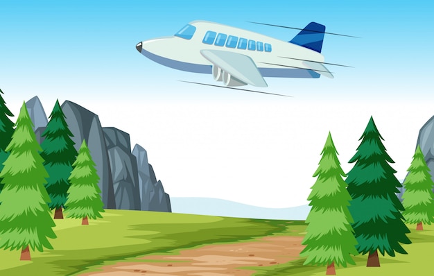 Airplane flying over woods