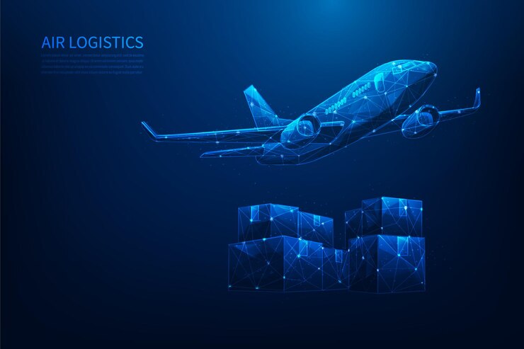 Vector airplane global logistics delivery and cargo low poly wireframe plane transport with parcel