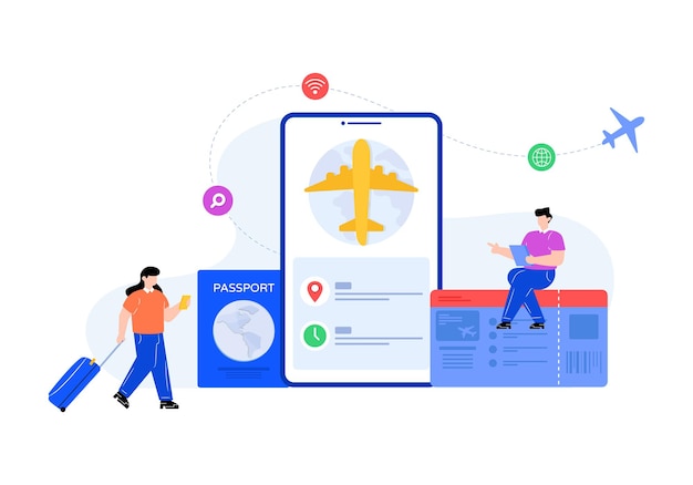 Vector airplane inside mobile symbolizing online ticket flat illustration