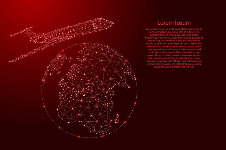 Vector airplane is flying around the globe map from futuristic polygonal red lines and glowing stars for banner, poster, greeting card.  