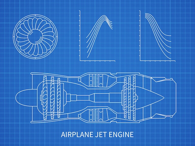 Airplane jet engine with turbine  blueprint