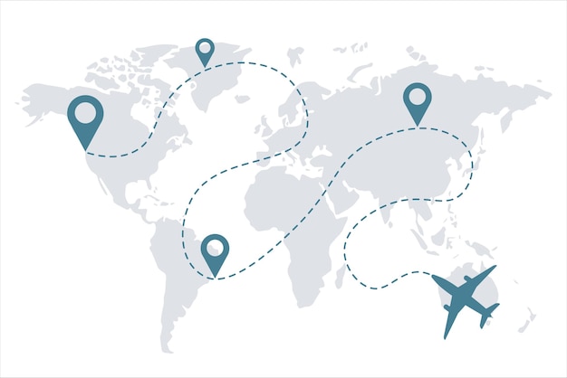 Icone vettoriali del percorso della linea dell'aeroplano delle rotte di volo dell'aereo con punti di partenza e tracce di linee tratteggiate