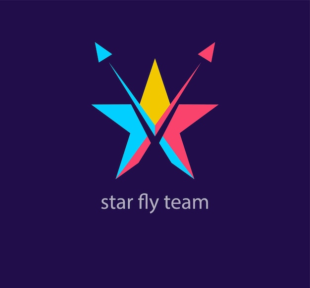 星から昇る飛行機のロゴ ユニークな色の変化 クリエイティブな星と競技のロゴ