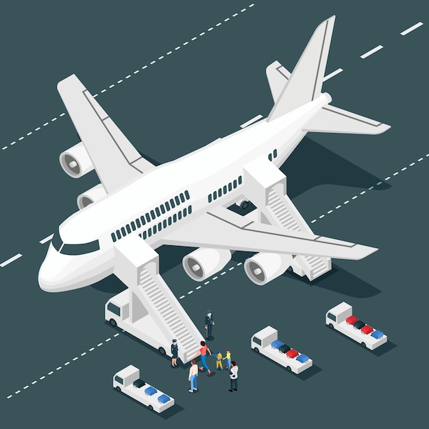 飛行機の搭乗等角投影図とエアステアトラックスチュワードと乗客のキャラクターのイラストと航空機の分離ビュー Premiumベクター