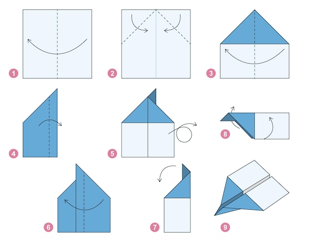 Vettore modello in movimento del tutorial dello schema di origami dell'aeroplano. origami per bambini. passo dopo passo