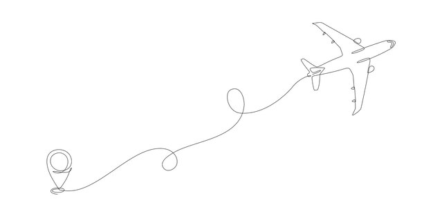 Airplane path with flight route and starting point location in continuous single line style one line airplane route with start point and trace drawing for business travel or journey editable stroke