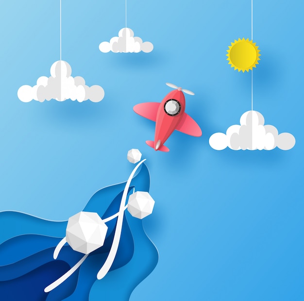 Airplane pick color launch to the blue sky over the cloud and go to the sun. vector design in paper cut.