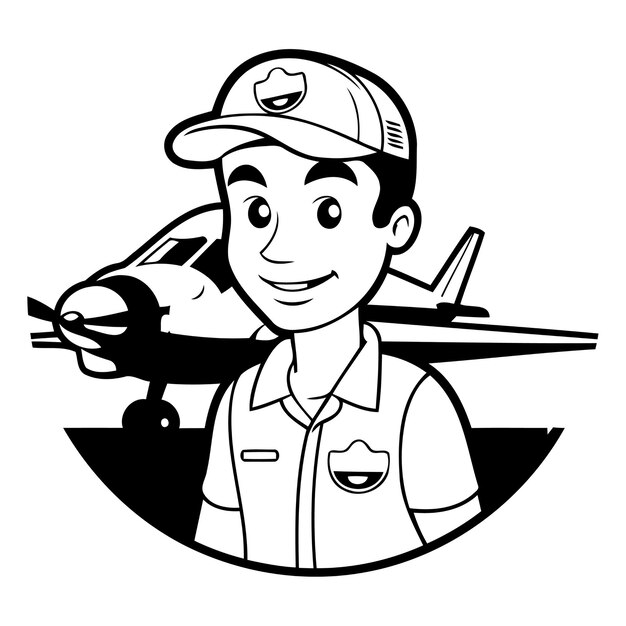 Вектор Пилот самолета с самолетом векторная иллюстрация в стиле мультфильма на белом фоне